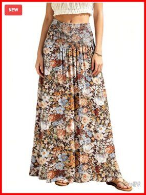 Womens 100% Polyester Maxi Skirt Smocked High Waist Flowy A-Line Boho Long Skirt